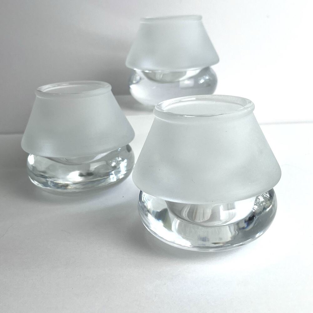 Crate & Barrel Luna Votive Holders Set of 3 Heavy Clear & Frosted Glass Lantern
